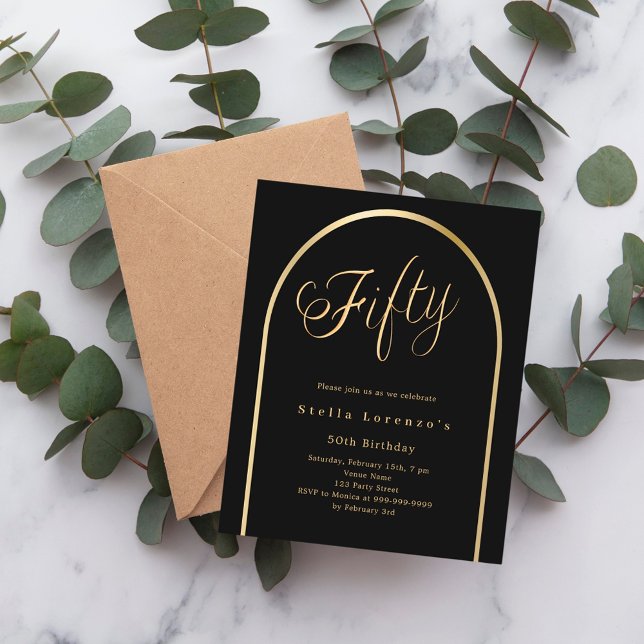 ブラック金ゴールドアーチスクリプト50th誕生日の招待状 (クリエイターアップロード済み)