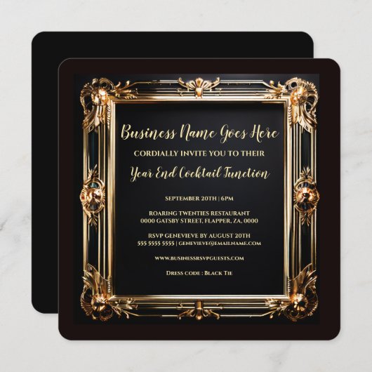 ブラック金ゴールドアートデコミニマリストフレームブラックタイ 招待状 (正面/裏面)