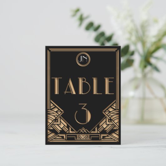 ブラック金ゴールドアールデコギャツビースタイルテーブル番号3 ポストカード (スタンド正面)