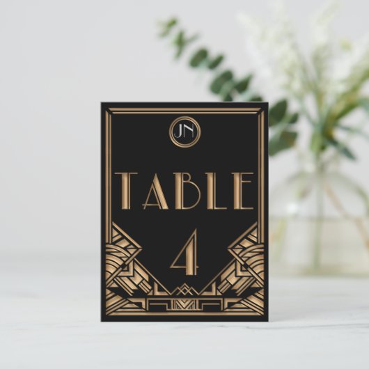 ブラック金ゴールドアールデコギャツビースタイルテーブル番号4 ポストカード (スタンド正面)