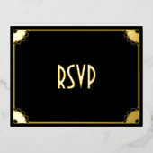 ブラック金ゴールドアールデコシックフローラ結婚式RSVP返信 箔招待状ポストカード (正面)