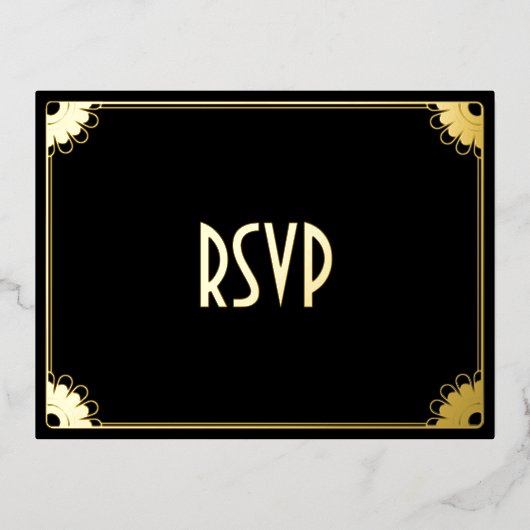 ブラック金ゴールドアールデコシックフローラ結婚式RSVP返信 箔招待状ポストカード (正面)