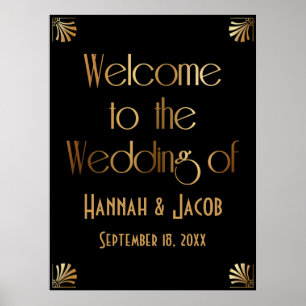 ブラック金ゴールドアールデコ結婚の看板へようこそ ポスター