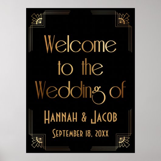 ブラック金ゴールドアールデコ結婚の看板へようこそ ポスター (正面)