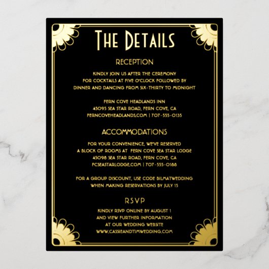ブラック金ゴールドアールデコ結婚の詳細エンクロージャカード 箔招待状ポストカード (正面)