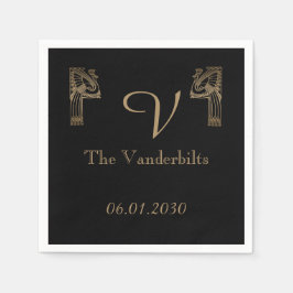 ブラック金ゴールドアールデコ結婚孔雀 スタンダードカクテルナプキン