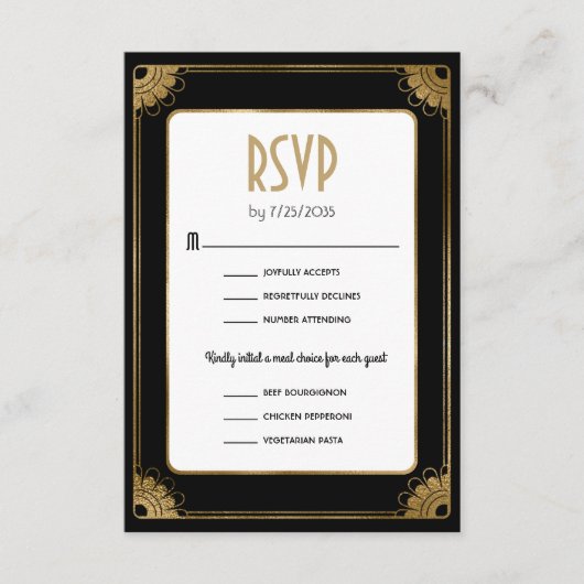 ブラック金ゴールドアールデコ食事オプションウェディングRSVP エンクロージャーカード (正面)