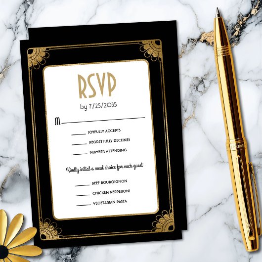 ブラック金ゴールドアールデコ食事オプションウェディングRSVP エンクロージャーカード