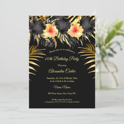 ブラック金ゴールドイエローハイビスカス熱帯フローラパーティー 招待状 (スタンド正面)