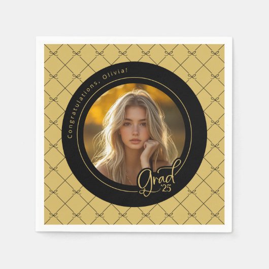 ブラック金ゴールドイエローフォト卒業パーティー紙 スタンダードカクテルナプキン (正面)