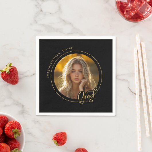 ブラック金ゴールドイエローフォト卒業パーティー スタンダードカクテルナプキン (インサイチュ)