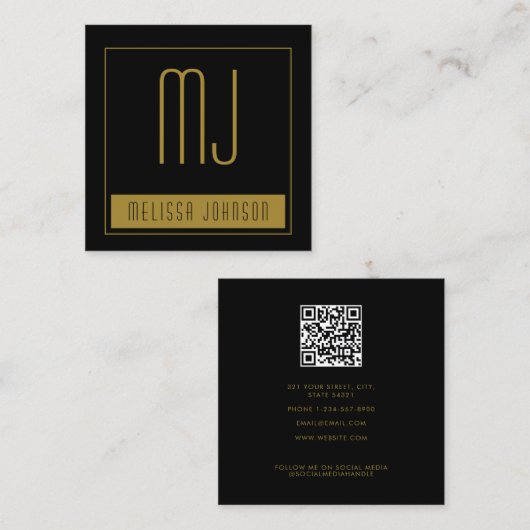 ブラック金ゴールドイニシャルモノグラムソーシャルメディアQRコード スクエア名刺 (正面/裏面)