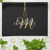 ブラック金ゴールドウィスクスクリプトモノグラム キッチンタオル (折り畳み)