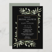 ブラック金ゴールドウォーターカラーグリーンブライダルシャワー 招待状 (正面/裏面)