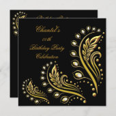 ブラック金ゴールドエイジエレガントバースデーパーティーフローラ 招待状 (正面/裏面)