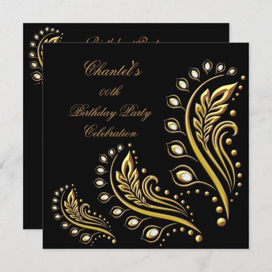 ブラック金ゴールドエイジエレガントバースデーパーティーフローラ 招待状 (正面/裏面)