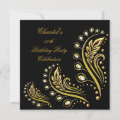 ブラック金ゴールドエイジエレガントバースデーパーティーフローラ 招待状 (正面)