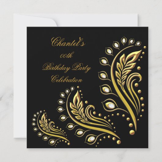 ブラック金ゴールドエイジエレガントバースデーパーティーフローラ 招待状 (正面)