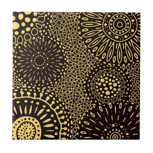 ブラック金ゴールドエスニック花パターン タイル (正面)