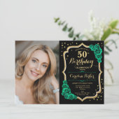 ブラック金ゴールドエメラルドグリーンフォト50誕生日 招待状 (スタンド正面)