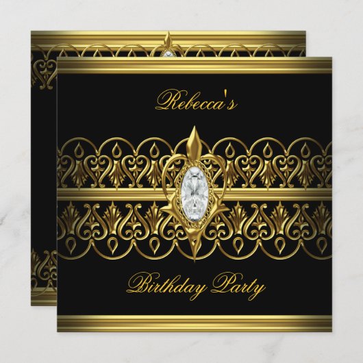 ブラック金ゴールドエレガントな誕生日パーティジュエルイメージ 招待状 (正面/裏面)