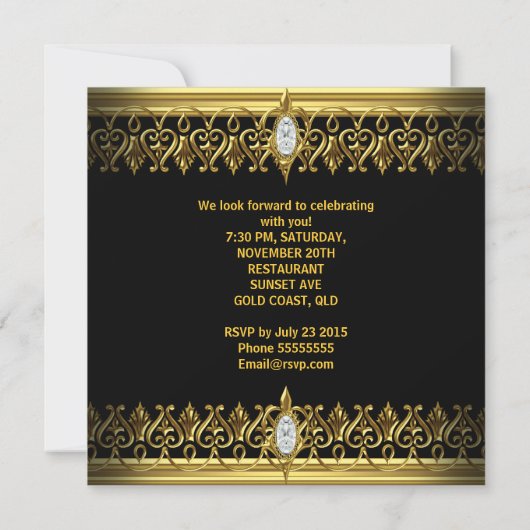 ブラック金ゴールドエレガントな誕生日パーティジュエルイメージ 招待状 (裏面)