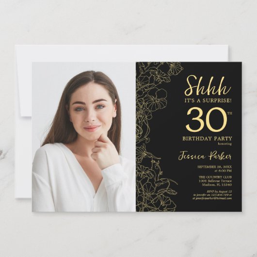 ブラック金ゴールドエレガントサプライズ写真第30回 招待状 (正面)
