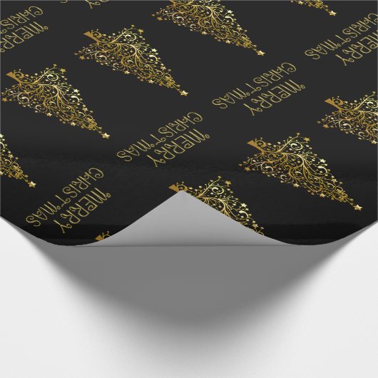 ブラック金ゴールドエレガントシックなクリスマスツリースターズ ラッピングペーパー (角)