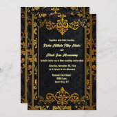 ブラック金ゴールドエレガントダマ華美スク結婚ブロケス 招待状 (正面/裏面)