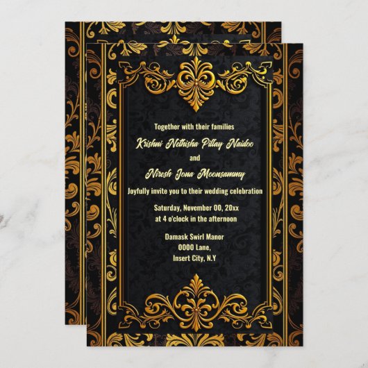 ブラック金ゴールドエレガントダマ華美スク結婚ブロケス 招待状 (正面/裏面)
