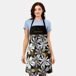 ブラック金ゴールドエレガントデイジーフローラ抽象芸術モノグラム エプロン
