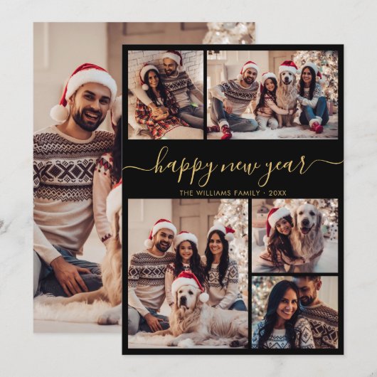 ブラック金ゴールドエレガントハッピーニューイヤー5フォトコラージュ シーズンカード (正面/裏面)