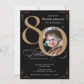 ブラック金ゴールドエレガントフォトサプライズ80誕生日 招待状 (正面)