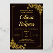 ブラック金ゴールドエレガントフローラ華美ヴィンテージ結婚式 箔招待状 (正面)