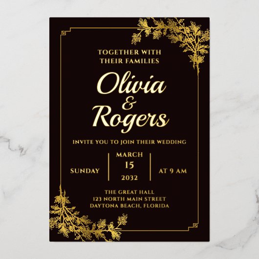 ブラック金ゴールドエレガントフローラ華美ヴィンテージ結婚式 箔招待状 (正面)