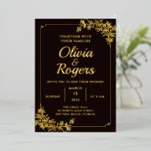 ブラック金ゴールドエレガントフローラ華美ヴィンテージ結婚式 箔招待状 (立ち正面)