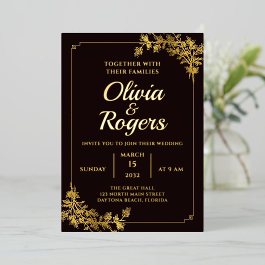 ブラック金ゴールドエレガントフローラ華美ヴィンテージ結婚式 箔招待状 (立ち正面)
