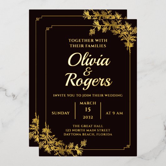 ブラック金ゴールドエレガントフローラ華美ヴィンテージ結婚式 箔招待状 (正面/裏面)
