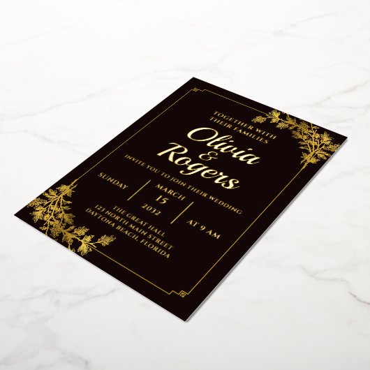 ブラック金ゴールドエレガントフローラ華美ヴィンテージ結婚式 箔招待状 (回転した状態)