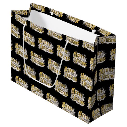 ブラック金ゴールドエレガントメリークリスマス素朴ヴィンテージ ラージペーパーバッグ (正面アングル)