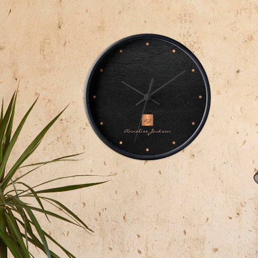 ブラック金ゴールドエレガントモノグラム名パーソナライズされた ラウンド壁時計