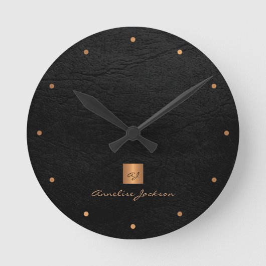 ブラック金ゴールドエレガントモノグラム名パーソナライズされた ラウンド壁時計 (正面)