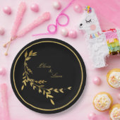 ブラック金ゴールドエレガントリーフ名スクリプ結婚ト ペーパープレート (パーティー)