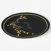 ブラック金ゴールドエレガントリーフ名スクリプ結婚ト ペーパープレート (アングル)