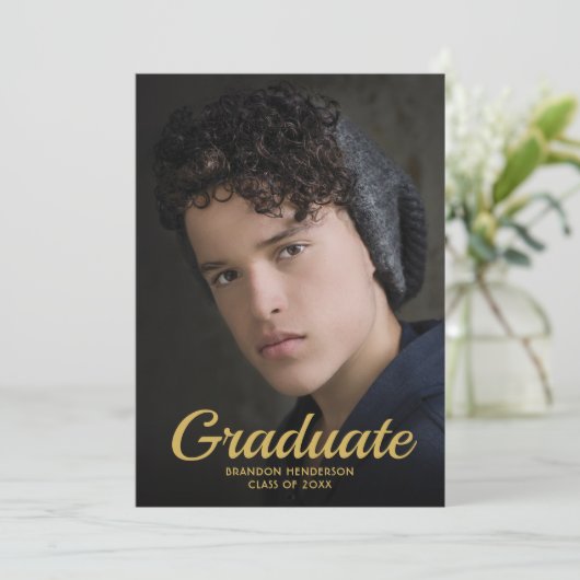 ブラック金ゴールドエレガント写真卒業パーティー 招待状 (スタンド正面)