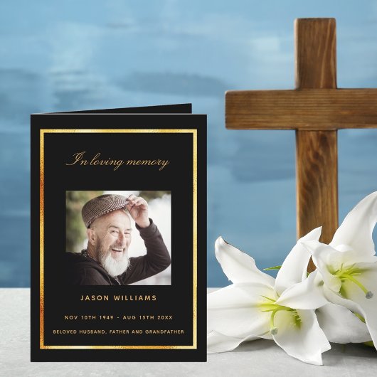 ブラック金ゴールドエレガント写真葬儀 サンキューカード