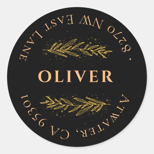 ブラック金ゴールドオリーブモノグラム差出人住所 ラウンドシール (正面)