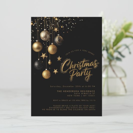 ブラック金ゴールドオーナメントスパークルスタークリスマスパーティー 招待状 (スタンド正面)