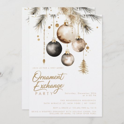 ブラック金ゴールドオーナメント交換クリスマスパーティー 招待状 (正面/裏面)