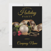 ブラック金ゴールドオーナメント企業のリボンホリデーパーティー 招待状 (正面)